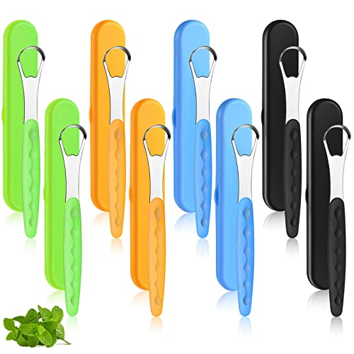 8 Pcs New Version Tongue Scraper Cleaner for Adults and Kids Stainless Steel Tongue Brush Metal Tongue Cleaner with Travel Cases for Men Women Oral Mouth Care Products, 4 Colors
