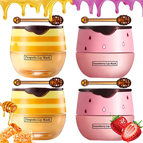 Bee Balm Lip Balm Honey Pot, 4 PCS Strawberry & Honey Lip Masks Hydrating Prevention Dry and Cracked Lip Scrubs Exfoliator,Lip Sleep Mask Reduces Lip Lines,Lip Exfoliating Bee Balm Sleeping Lip Mask,Christmas Gifts