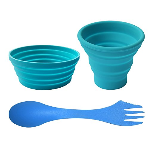 Ecoart Silicone Collapsible Bowl Cup Set with Spork for Outdoor Camping Hiking Travel, Blue - Set of 3