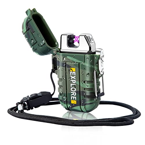 LcFun Waterproof Lighter Outdoor Windproof Lighter Dual Arc Lighter Electric Lighters USB Rechargeable-Flameless-Plasma Cool Lighters for Camping,Hiking,Adventure,Survival Tactical Gear (Camouflage)