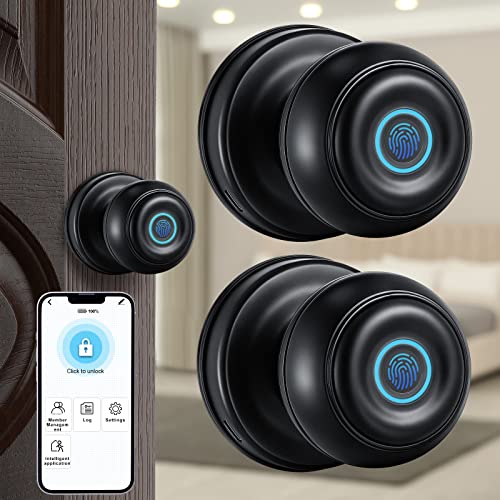 Smart Fingerprint Door Lock Fingerprint Door Knob Keyless Entry Door Lock, Fingerprint Unlocking, Mobile App Unlocking, Key Unlocking for Home Hotel Office Apartment Bedroom Black (2 Pcs)