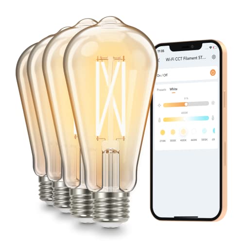 mujoy Smart Edison Bulbs, Tunable WiFi E26 LED Edison Bulbs, 8W ST19 800lm 90+ CRI Vintage Filament Light Bulb, 2700-6500K Dimmable Amber Warm and Cool White, Work with Alexa、Google Home, 4Pack