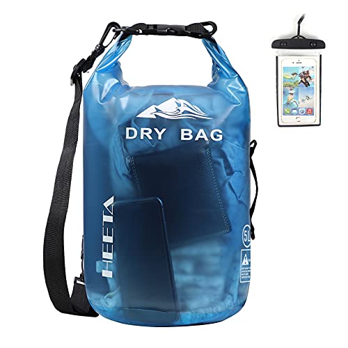 HEETA Waterproof Dry Bag for Women Men, Roll Top Lightweight Dry Storage Bag Backpack with Phone Case for Travel, Swimming, Boating, Kayaking, Camping and Beach, Transparent Blue 5L