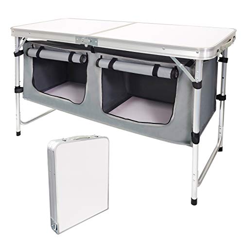 Camp Field Camping Table with 3 Height Adjustable Legs and Storage for Beach, Backyards, BBQ, Party and Picnic Table (White)