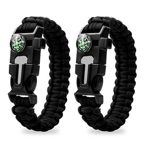 Jawflew Emergency Paracord Bracelets, Survival Bracelet with Embedded Compass Whistle Survival Fire Starter Scraper Accessories, Suit For Hiking, Camping, Fishing and Hunting (2PC, Black)
