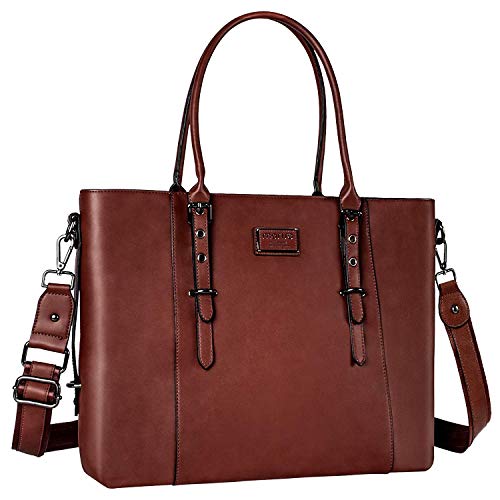 MOSISO PU Leather Laptop Tote Bag for Women (17-17.3 inch), Brown - Image 2