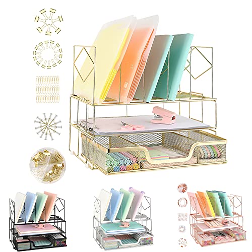 Youbetia Desk Organizers and Accessories - Double Tray and 5 Upright Sections, Office Supplies Desk Organizer with Drawer, File Office Organization with Binder Clips, Gold